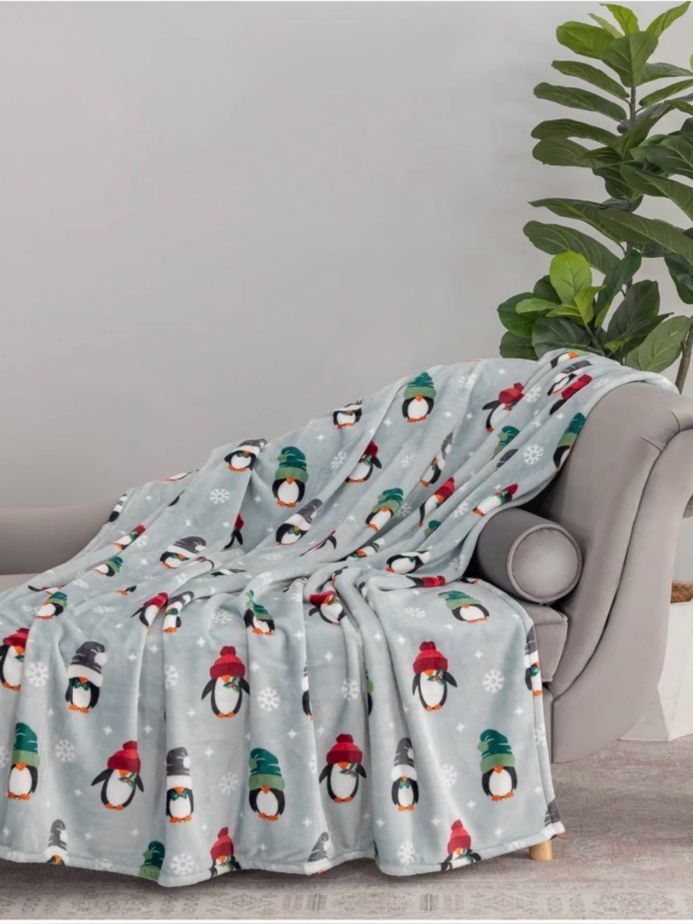 Berkshire Light Gray Penguin VelvetSoft Oversized Throw